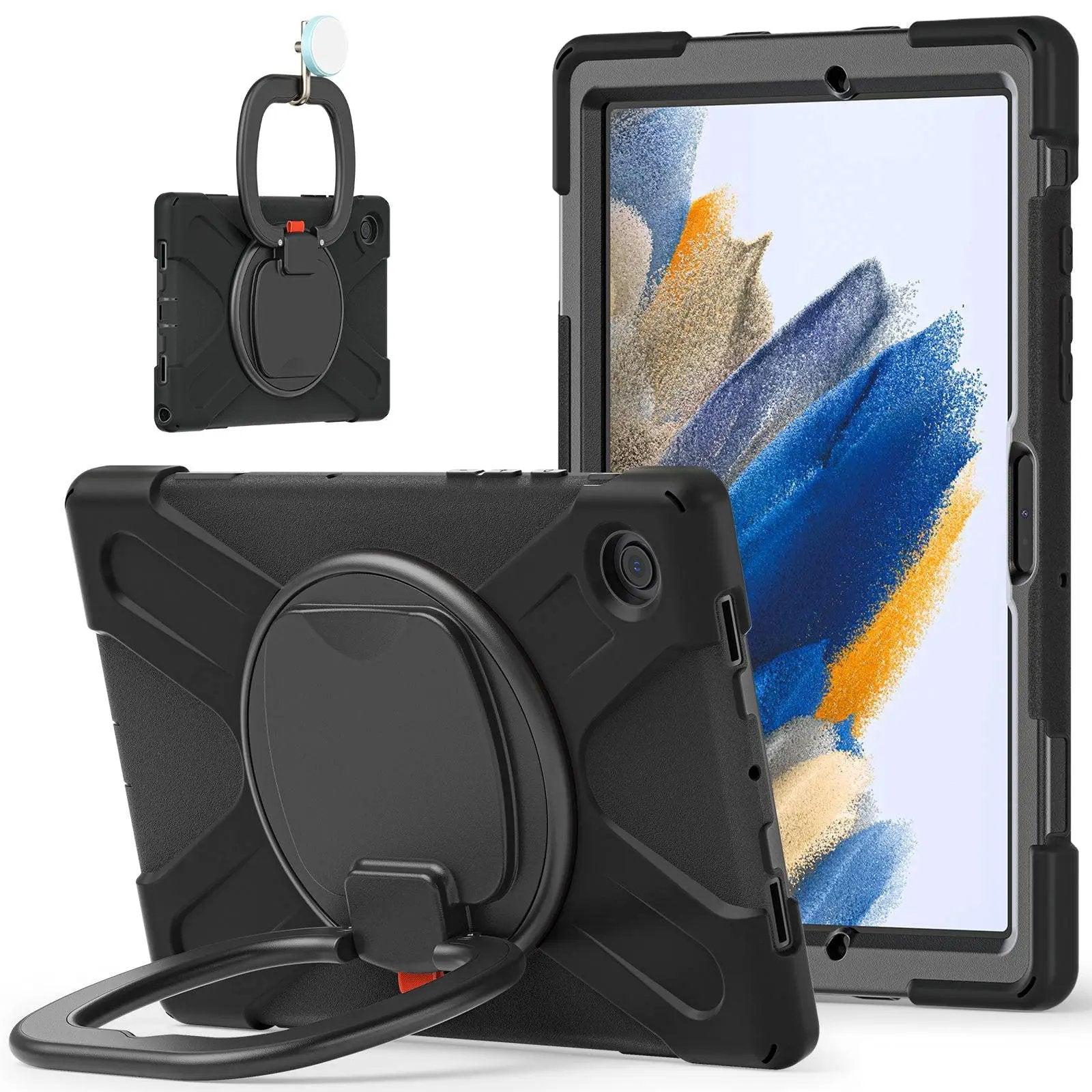 Black rugged Samsung Tablet A8 X200 Protective Case with a 360° rotating handle, foldable stand, and shock-resistant design for ultimate durability.